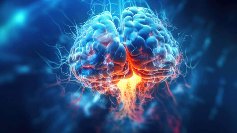 Slika prikazuje možgane, ki imajo rdeče poti, ki nakazujejo bolečino. Slika naj bi predstavljala epileptičen napad.