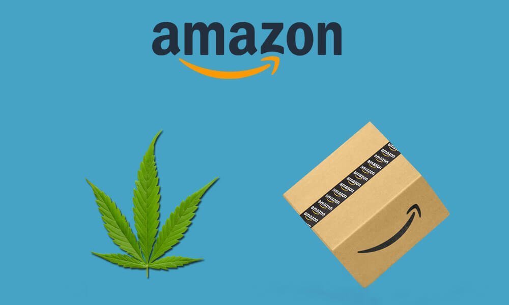Na sliki je viden logo od Amazon podjetja in njihova škatlja za transport z konopljinim listom.
