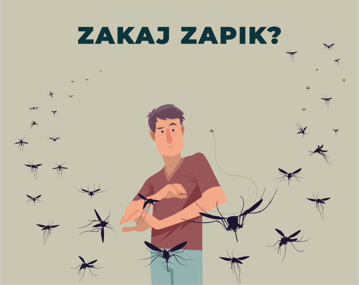 Zapik - Infografika za produkt zapik, na sliki je oseba ki ga oblegajo komarji.